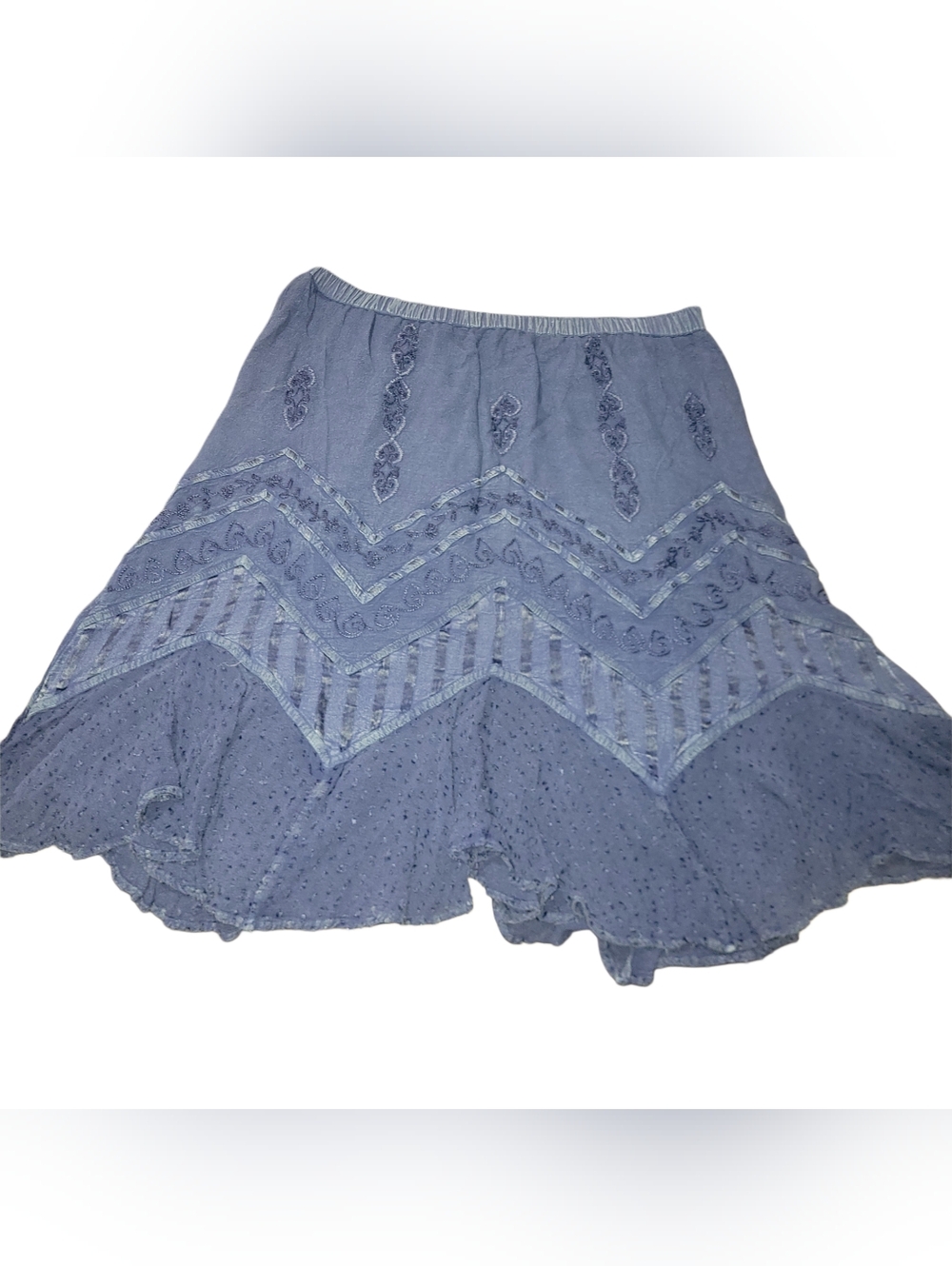Emotions Vintage Blue Embroidered Handkerchief Hemline Bohemian Flowy Skirt L